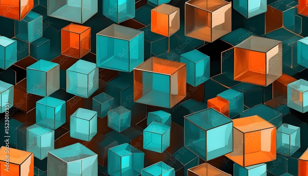 Poster a vibrant array of translucent cubes in shades of teal and orange floating in a geometric pattern