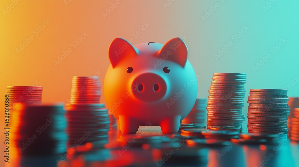 Poster a piggy bank surrounded by stacks of coins, with a light-colored background, emphasizing the importa