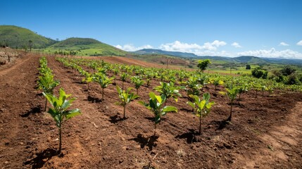 A picturesque landscape featuring a newly planted orchard, with young fruit trees in neat rows and a clear blue sky overhead, highlighting the promise of harvest.