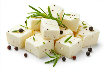 Cubes of feta cheese with rosemary and peppercorns on white background