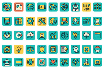 Fototapeta premium AI, machine learning, and technology icons for data and automation icon set