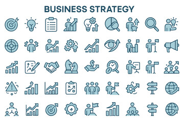 Obraz premium Business strategy, leadership, and growth icons featuring planning, decision making, and analytics in blue outline icon set