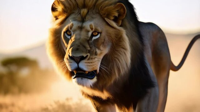 Majestic lion strides powerfully across a grassy plain at golden hour, showcasing its strength and wild beauty in natural habitat