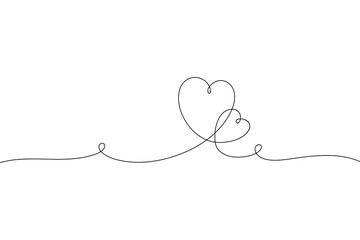 Two hearts are hand-drawn in one endless continuous line, a symbol of love, a vector, a festive background. A romantic element for valentines, weddings, decorations, invitations. Graphic heart shape