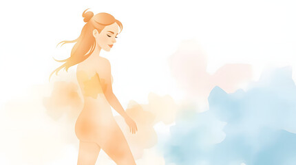 Elegant watercolor illustration of a woman, soft colors, serene expression, artistic beauty