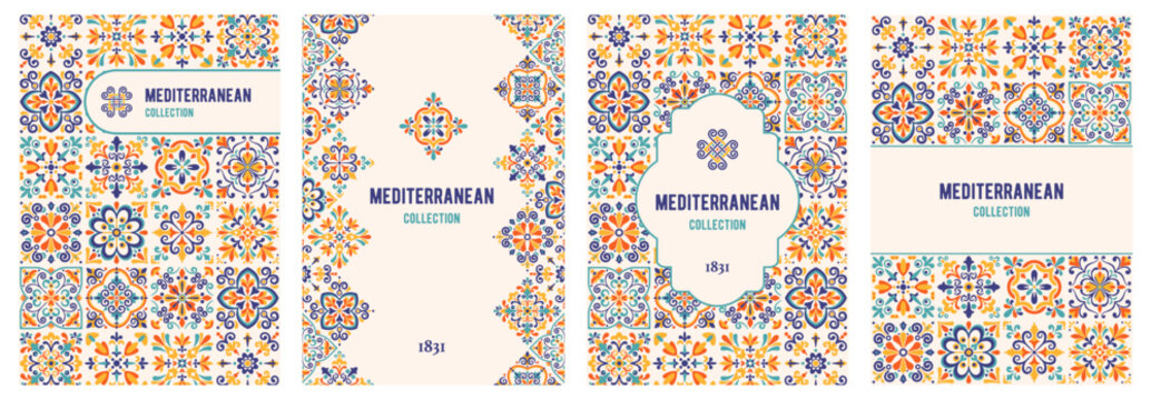 Poster, banner or label template set with azulejo mosaic tile pattern, blue, turquoise, yellow colors, floral motifs. Mediterranean, Portuguese traditional vintage style. Vector illustration