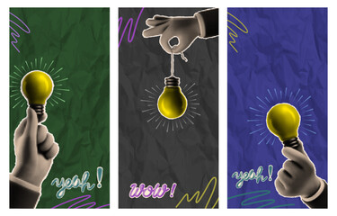 Banner with collage in retro style, advertising banner with halftone effect. Hand holding Yellow Light bulb, cut from a newspaper or magazine, announcing crazy promotions or news. Vector illustration