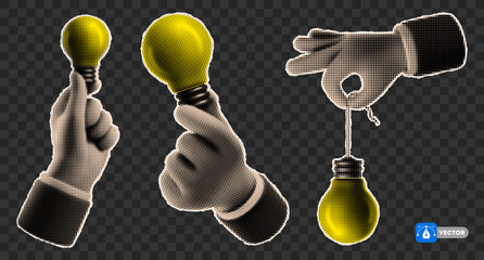 Hand holding Yellow Light bulb, cut from a newspaper or magazine, concept of idea, quick tips, advice, training. Conceptual design elements in retro style, with halftone effect. Vector illustration