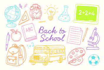 Back to school is a colorful drawing of school supplies and a school bus. The drawing conveys a sense of excitement and anticipation for the upcoming school year