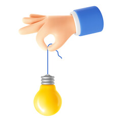 Hand holding yellow light bulb on wire up two fingers. 3d realistic lightbulb hanging on the wire. Concept of great idea, quick tip, brainstorm, new business, startup. Isolated Vector illustration