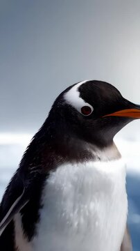 Gentoo penguin standing on snow, featuring its distinctive white head patch and orange beak, in a full body profile portrait.