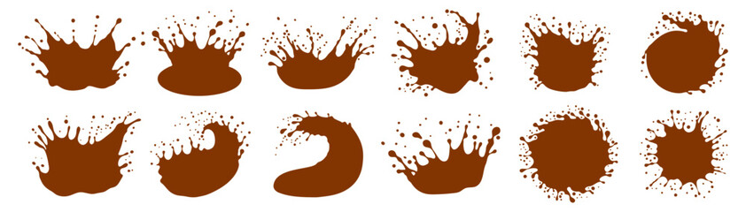 Chocolate splashes and spills. Flat splashes, blots and drops of dark liquid chocolate, crown, wave or circle shaped. Can be use for logo, emblem, label, sign of organic products. Vector illustration