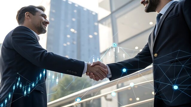 Business handshake between partners with digital network and data graph overlay in modern office setting