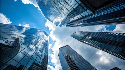 Modern glass skyscrapers against a bright blue sky with sun and clouds, upward view of urban high-rise buildings