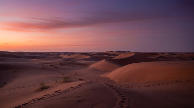 Beautiful desert landscape at sunrise revealing sand dunes and colorful cloudy sky