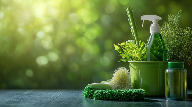 Eco friendly cleaning supplies green products nature background spring cleaning home lush pure spray brush fresh.