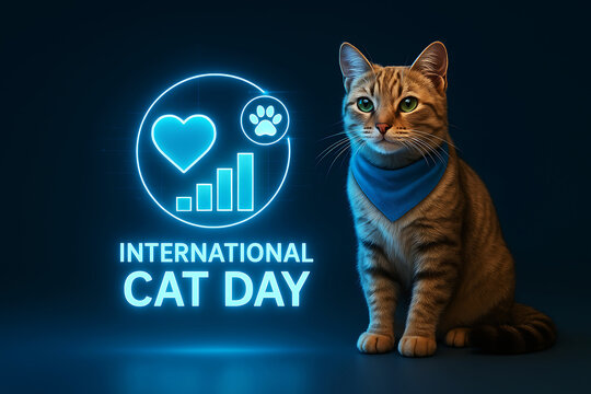 International cat day celebration cute cat with neon graphic - Powered by Adobe