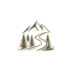Minimalist Mountain Landscape with Winding Road and Evergreen Trees in Brown Tones