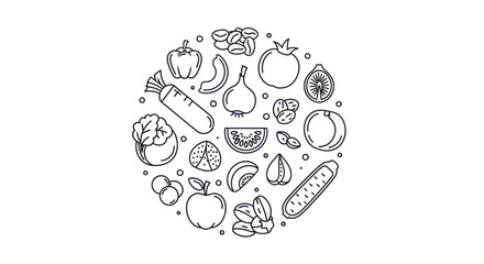 Line Art Illustration of Various Healthy Fruits and Vegetables