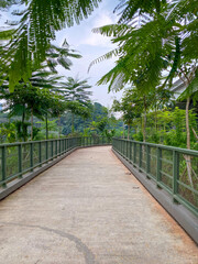 A winding path of gravel and grey concrete invites for a leisurely stroll among lush greenery and young palm trees in a park. A large concrete structure is visible on the right side.