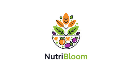 NutriBloom Logo Vibrant Fruit and Leaf Design in Bowl