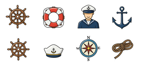 Nautical themed cartoon icons wheel lifebuoy sailor anchor hat compass rope © Basecamp