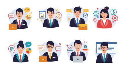 Diverse Business Professionals with Icons Representing Various Concepts