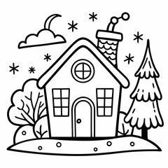 Winter Home Coloring Page SVG – Simple Cartoon House in Snow with Thick Lines, Low Detail, Black & White Line Art