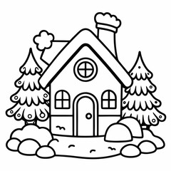 Winter Home Coloring Page SVG – Simple Cartoon House in Snow with Thick Lines, Low Detail, Black & White Line Art