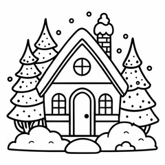 Winter Home Coloring Page SVG &ndash; Simple Cartoon House in Snow with Thick Lines, Low Detail, Black & White Line Art