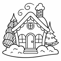 Winter Home Coloring Page SVG – Simple Cartoon House in Snow with Thick Lines, Low Detail, Black & White Line Art