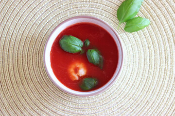 tomato soup with basil and shrimps