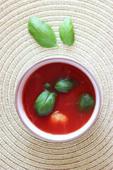 tomato soup with basil and shrimps
