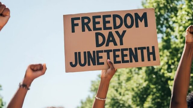 Juneteenth celebration with raised fists and Freedom Day sign