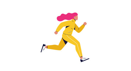 Energetic Woman in Yellow Tracksuit Running Forward with Pink Hair