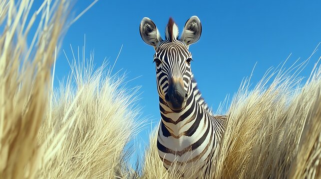 Fototapeta Zebra portrait wildlife animal photography nature outdoors safari plains stripes blue sky grassland africa 4k