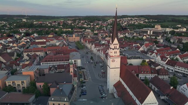 Bavarian Drone City fly over across Pfaffenhofen Ilm to see a typical and traditional city center