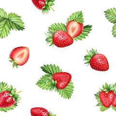 Seamless pattern with watercolor hand drawn red ripe strawberiies and green leaves
