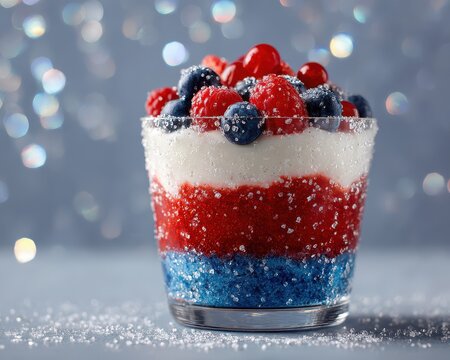 Close-up macro shot of a parfait in a clear glass, showcasing vivid red, white, and blue cream layers with glossy texture; topped with fresh berries and sugar crystals; Blured background