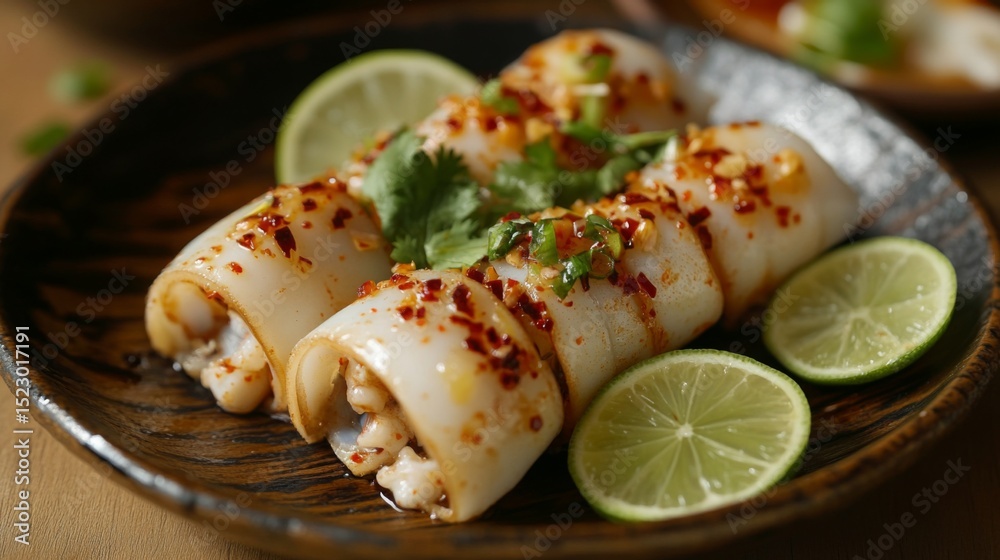 Aufkleber a vibrant presentation of korean spicy squid served on a bamboo plate, garnished with slices of lime