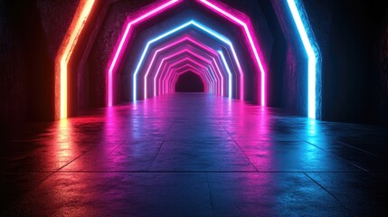 Fototapeta premium Neon lights illuminate a futuristic tunnel.