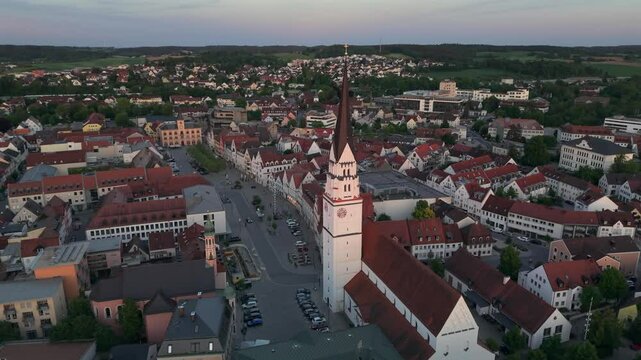 Bavarian Drone City fly over across Pfaffenhofen Ilm to see a typical and traditional city center