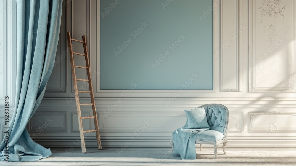 Poster a view of a partially painted room, with one wall in a soothing color and a ladder leaning against a