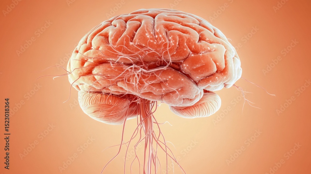 Aufkleber A visually striking D rendering of a human brain with glowing synapses and neural connections, set against a gradient background to emphasize its dynamic activity.