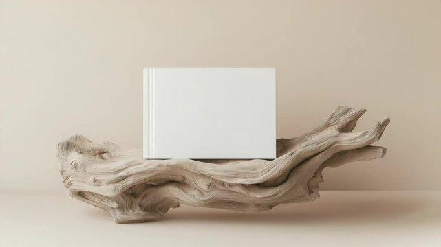 A fragment of a series - Beige Minimalist Wood. Blank square book mockup on driftwood. Stylish book presentation on neutral background. 