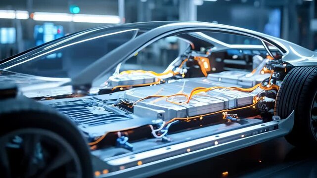 Electric vehicle chassis with battery pack and wiring harness exposed during factory assembly, modern design, clean background.