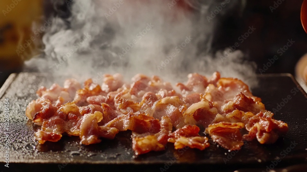 Poster bacon strips sizzling on a griddle, with smoke rising as the fat bubbles and the edges turn crisp an