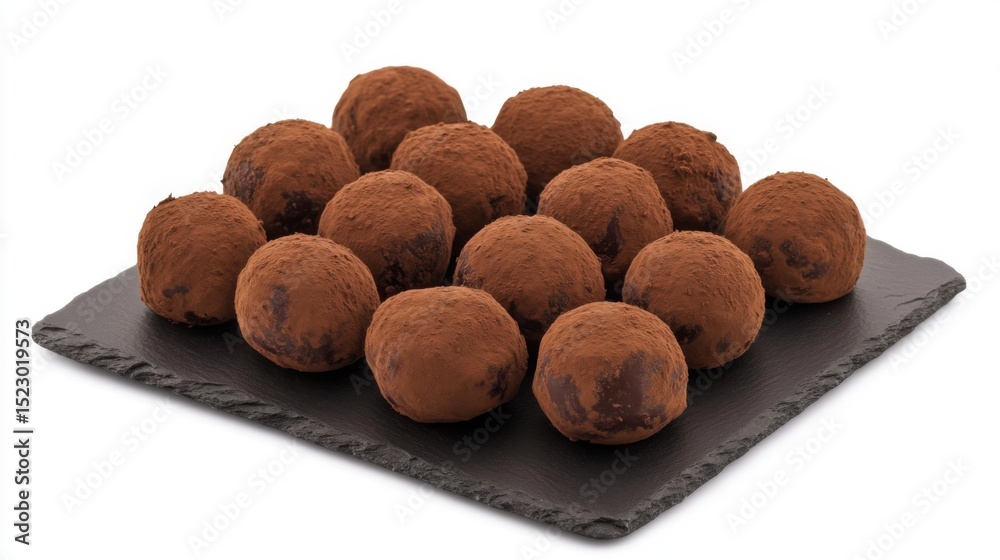 Poster chocolate truffles dusted with cocoa powder, arranged elegantly on a dark slate, rich texture and de