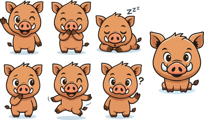 vector illustration of boar pig cartoon funny cute mascot character cartoon with 7 poses 