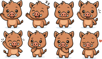 Fototapeta premium vector illustration of boar pig cartoon funny cute mascot character cartoon with 8 poses 02